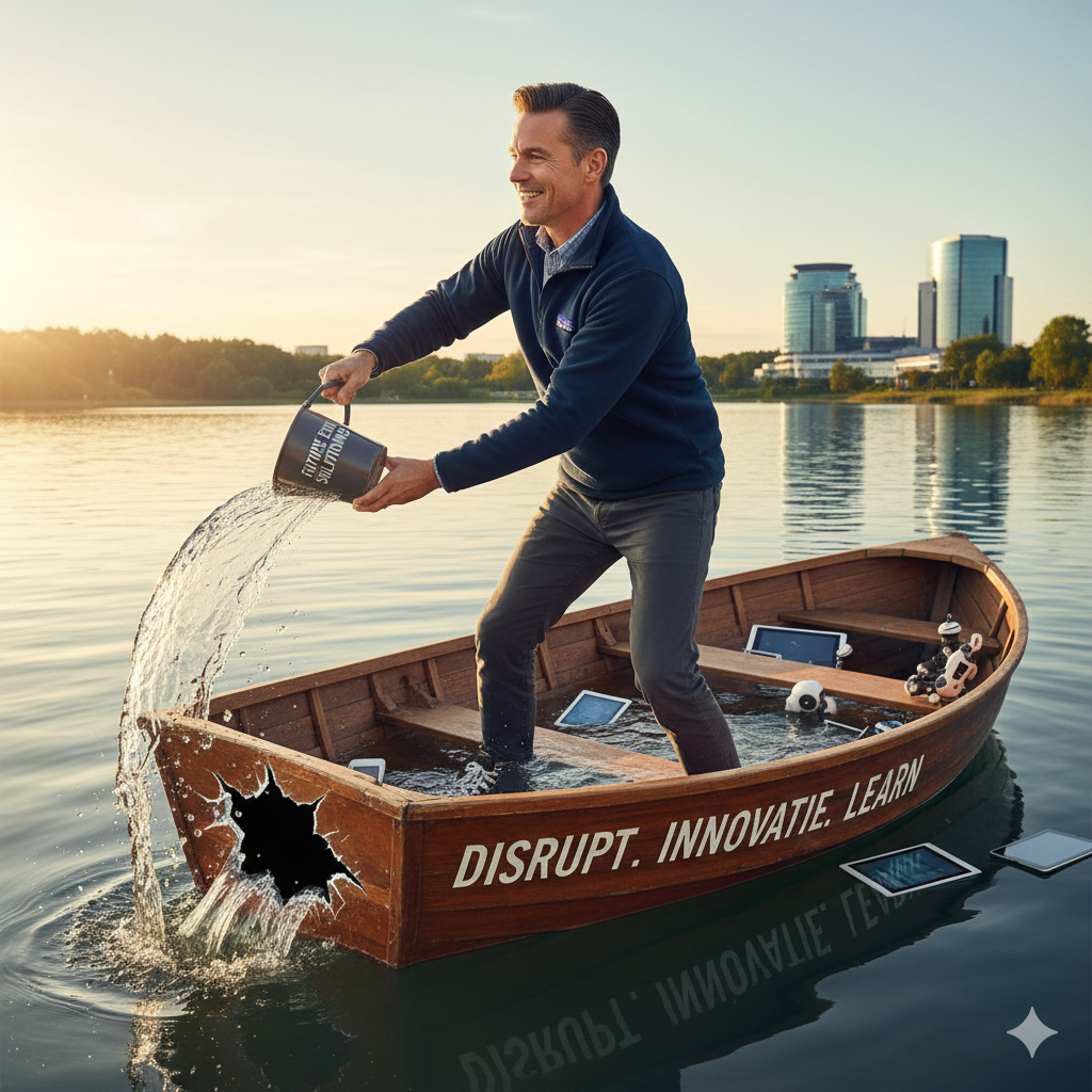 Bad AI image of an edtech CEO bailing water out of their leaky sales funnel, not noticing the physics-defying leak.